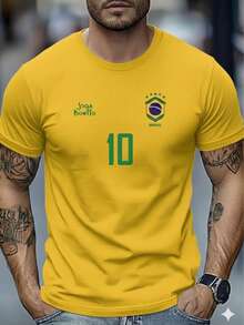 Men's Brazil T-Shirt – Team 10 Jersey, Plays Beautifully, Casual Sporty Style, Premium 100% Cotton Fabric, Immediate Shipping, PROMOTION - 黃色 - 查看 1