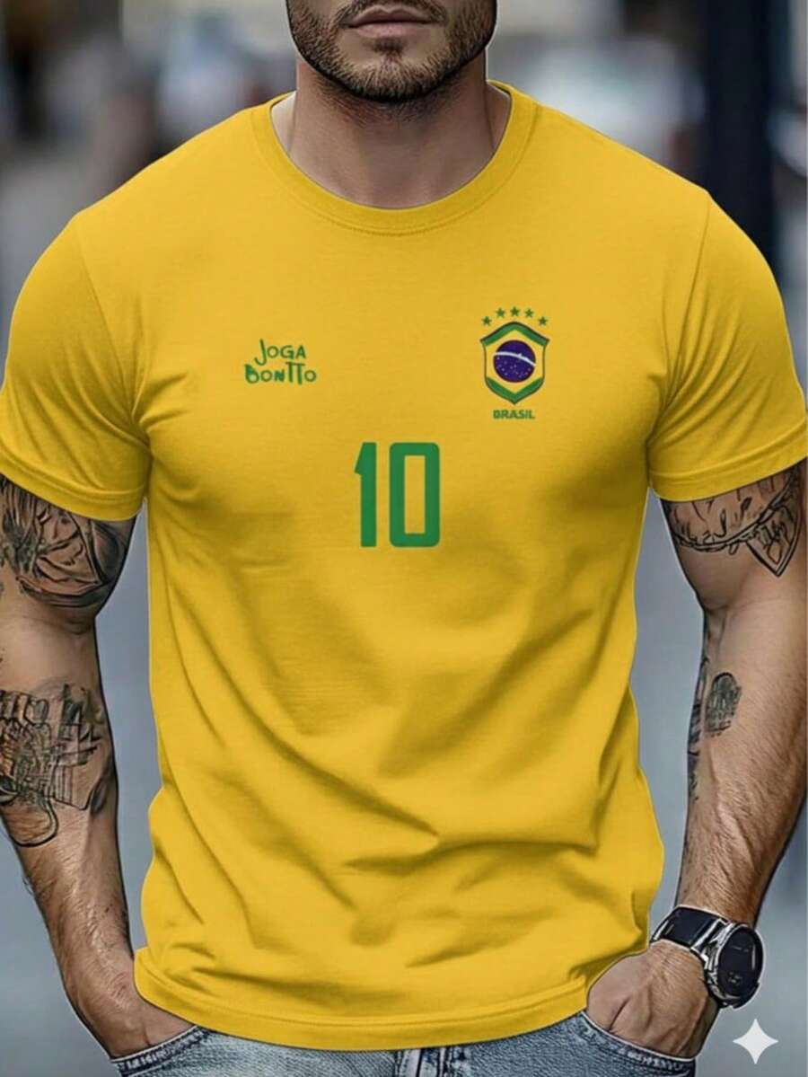 Men's Brazil T-Shirt – Team 10 Jersey, Plays Beautifully, Casual Sporty Style, Premium 100% Cotton Fabric, Immediate Shipping, PROMOTION - 黃色 - 查看 1
