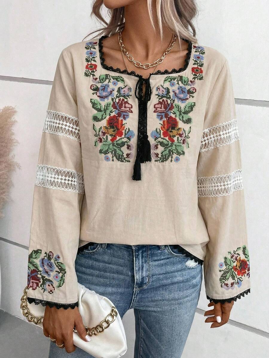 Women's Bohemian Style Embroidered Long Sleeve Drop Shoulder Blouse, Tie Neck, Button Front, Regular Length, Non-Stretch Fabric - Beige - View 1