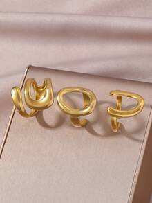 3pcs Set Stainless Steel Fashionable Leaf Geometric Open Rings, 18K Gold Plated Unique Rings, Suitable For Women's Daily And Holiday Wear - Gold - View 2