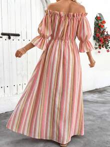 女士纯棉波西米亚风露肩度假连衣裙，饰有荷叶边和口袋——柔软舒适飘逸的条纹连衣裙，适合海滩、游轮、音乐节、情人节约会之夜等场合，是春夏季节的理想之选。 - 珊瑚橙 - 查看 2