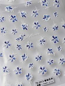 1片渐变花卉浮雕蓝色盛开花瓣美甲贴纸 5D水彩艺术美甲贴花 自粘美甲装饰，适合女性和女孩 - 彩色 - 查看 6