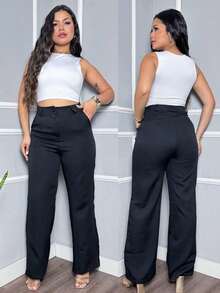 Women's Tailored Trousers, High-Waisted Wide Leg, Elegant Formal Style - Basic Black - View 4