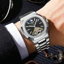 TEVISE Men's Automatic Mechanical Watch Large Retro Square Dial Transparent Case Tourbillon Stainless Steel Strap - All Black - View 2