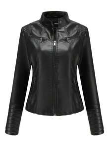 Chaqueta de cuero para mujer, abrigo de cuero con cuello alto ajustado de manga larga, otoño, forro polar, invierno - Negro - Ver 2