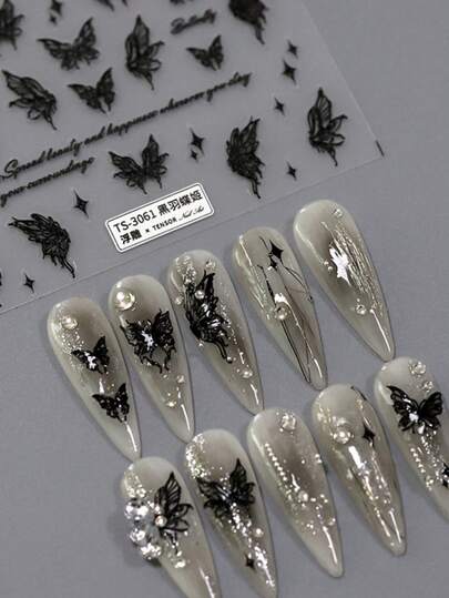 1 pieza Pegatinas de arte de uñas con mariposa negra francesa con relieve, encantador diseño de insecto animal, 5D, elegante, estilo gótico, para decoración de manicura autoadhesiva para mujeres