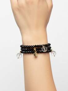 pulsera triple de color cistales con dije negros - Negro - Ver 3