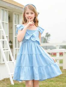 Square Neck Ruffle Sleeve Dress For Girls - Sweet A-Line Swing Dress For Tweens, Casual & Special Occasions - 藍色 - 查看 2