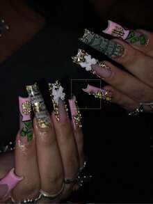 Bộ 24 móng tay giả dài hình quan tài mới, màu hồng kiểu Pháp với họa tiết bướm 3D đính đá, nơ trắng, kèm dũa móng và gel, giúp tăng vẻ sang trọng, phù hợp cho các dịp lễ hội, sử dụng hàng ngày, đi học, đi làm. - Màu Hồng baby - Xem 2