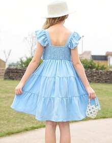 Square Neck Ruffle Sleeve Dress For Girls - Sweet A-Line Swing Dress For Tweens, Casual & Special Occasions - 藍色 - 查看 4
