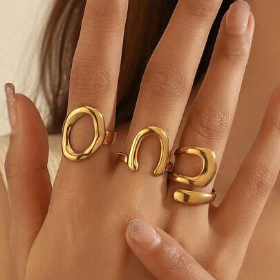 SHEIN BAE Bộ 3 chiếc nhẫn hở hình lá bằng thép không gỉ thời trang, mạ vàng 18K, độc đáo, phù hợp cho nữ giới đeo hàng ngày và trong các dịp lễ.
