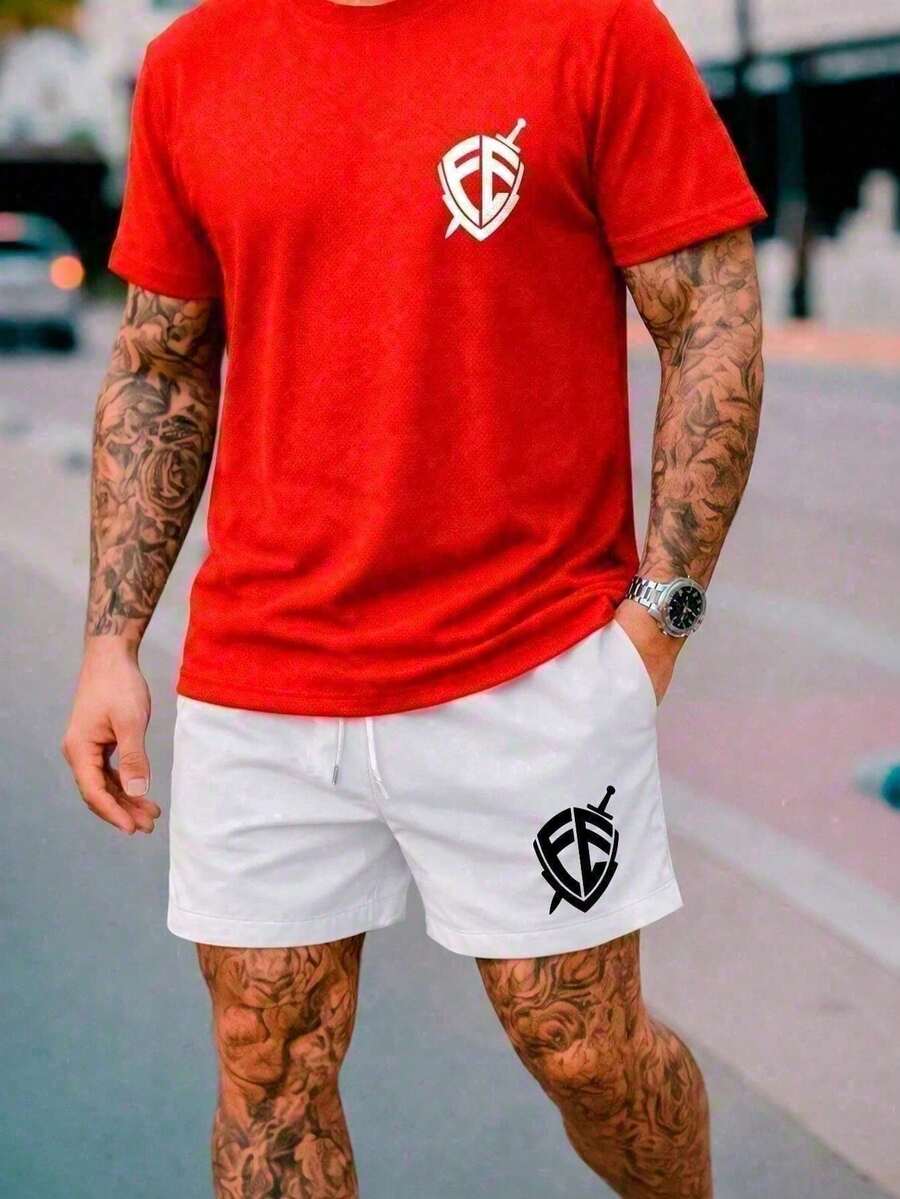 Kit Com Estampa Masculino Short Tactel + Camiseta Vermelha ConjuntoKit Fé Minimalist: Outfit Urbano Masculino Vermelho LançamentoStreetwear "Fé" Lançamento | Envio Imediato - Branco - Visão 1
