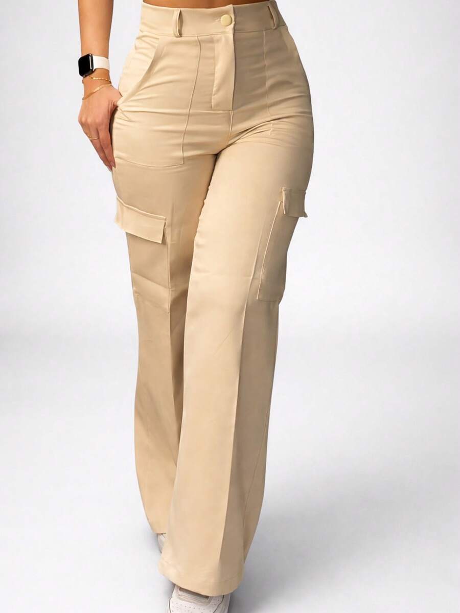 Women's High-Waisted Tailored Cargo Pants With Side Pockets - Ideal For Travel, Daily Wear, Vacation, Office, Holidays, Nights, And School. - 米色 - 查看 1