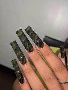 24片超长美甲贴片，烟绿色玉石水彩扎染极简设计，适合秋冬季节，甜美又不失个性，包含1个指甲锉和1瓶果冻胶，提升您的节日、日常、上学、办公等各种场合的美甲造型。 - 軍綠色 - 查看 1