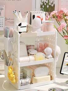 1pc Multifunctional Makeup Organizer Rack With Hook, Desktop Storage Shelf - White - View 1