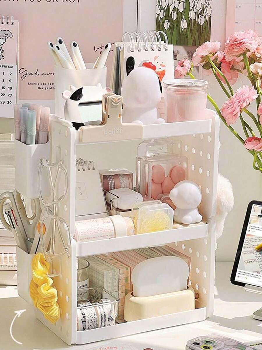 1pc Multifunctional Makeup Organizer Rack With Hook, Desktop Storage Shelf - White - View 1