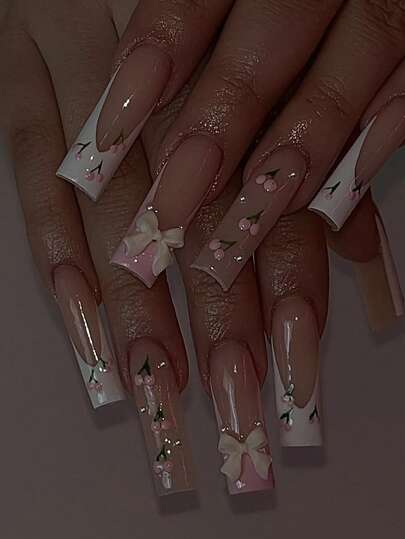 24pcs New Extra Long Coffin Shaped Nails, Pink & White French Tip Design, Summer Cherry Blossom, Includes 1 Nail File & 1 Jelly Gel, Elevate Your Style, Suitable For Daily Wear, Holidays, School, Office