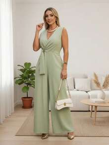 Long Wrap Jumpsuit With V-Neck - Bebé verde - Ver 2