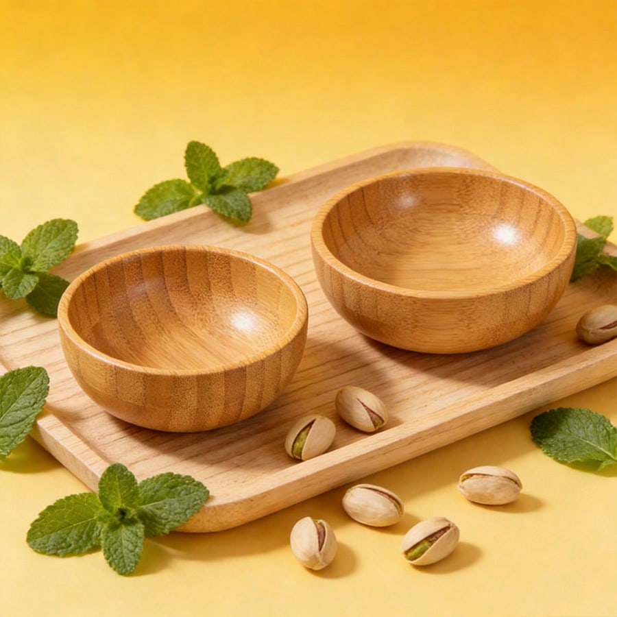 1 Set Piatto e Ciotola in Legno di Bambù, Piatto per Frutta da 10cm e Ciotola da 12cm, Texture Fine, Liscio, Naturale, Sano, Ciotola per Salsa, Ciotola per Frutta, Mini Ciotola per Frutta, Piccolo Pia 