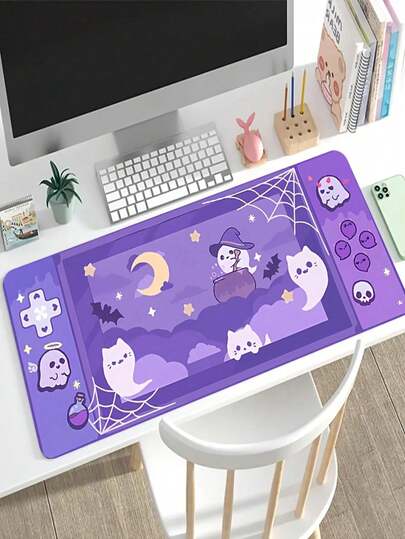 1pc Large Size E-Sports Gaming Mouse Pad, Purple Background With Cute Ghost Cat Decor Pattern, Also Can Be Used As Keyboard Pad, Desk Mat Or Book Stand, For Office And Dorm, Holiday And Birthday Gift, Compatible With Mouse And Trackball