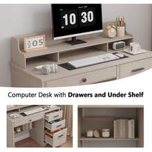 Computer Desk With 4 Drawers And Hutch, Home Office White Writing Desk With File Drawer And Shelves For Small Spaces, Small Desk Study Table For Bedroom, White/ Beige/ Grey/ Brown - 米色 - 查看 4