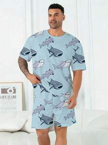 加大码男士睡衣套装 | 圆领短袖上衣和松紧腰休闲短裤，两件套 | 涤纶针织面料，亲肤透气，宽松版型 | 可爱海底世界印花休闲设计 - 霧霾藍 - 查看 1
