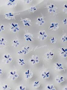 1 Peça Adesivos de Arte de Unhas Floral Azul Ombré com Pétalas em Flor, Estampa Xadrez, Decalques de Unhas Autoadesivos de Aquarela 5D Modernos, Acessórios de Manicure para Mulheres e Meninas - Multicolorido - Visão 2