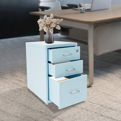 File Cabinet With Lock, 3-Drawer Vertical File Cabinet With Wheels - Blue Rolling Storage Cabinet For Office, Home | Lockable Top Drawer, Metal, 11" Deep, Easy Assembly, Rolling Storage Cabinet For Office Documents, Home Organization | Lockable Drawer, 4 Casters