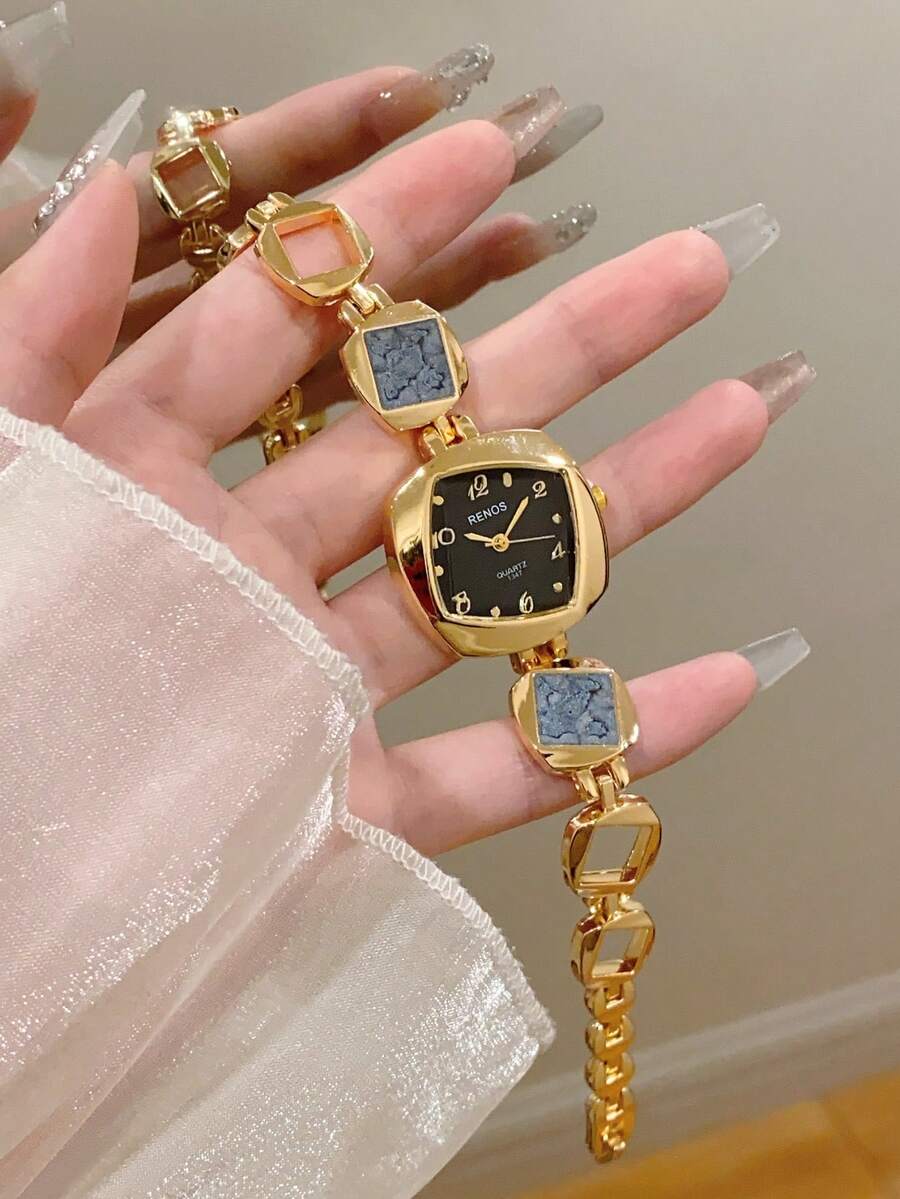 1件女款金色合金不規則手鍊手錶,時尚阿拉伯數字錶盤,石英機芯,可調節錶帶,適合日常裝飾 - 黑色 - 查看 1