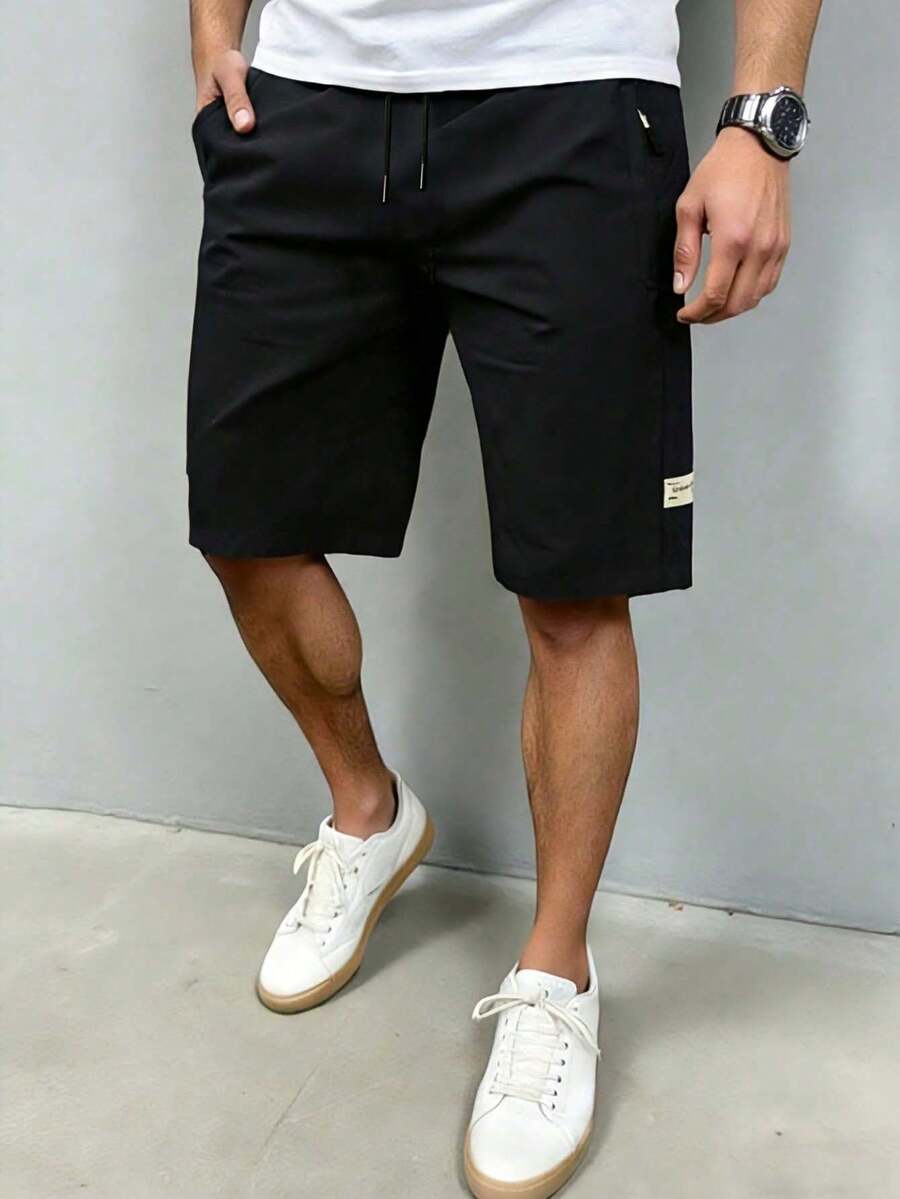 男士休闲短裤，夏季纯色简约时尚长裤，拉链口袋设计 - 黑色 - 查看 1
