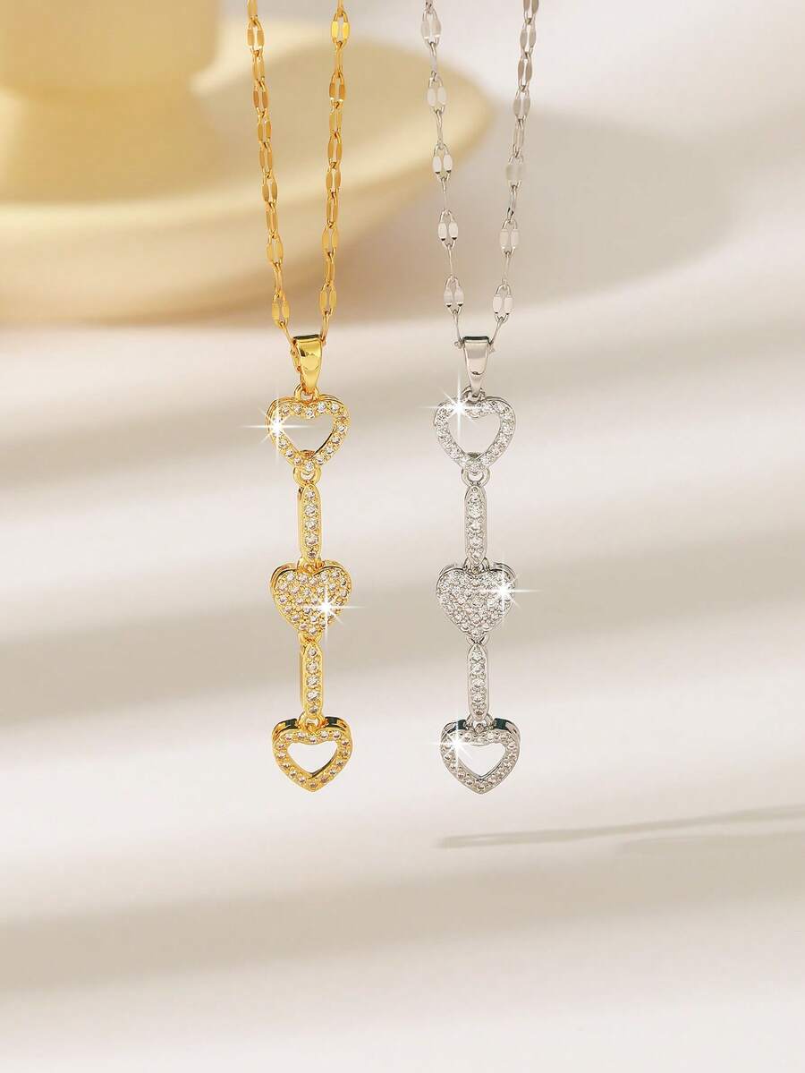 1 chiếc dây chuyền dài hình trái tim đính đá Zirconia, phong cách sang trọng lãng mạn, thiết kế hình trái tim rỗng kết hợp với đá Zirconia hình vuông, lấp lánh tinh tế, thích hợp để đeo hàng ngày, hẹn hò, ngày Valentine, hoặc trong các dịp cưới hỏi sang trọng. - Vàng - Xem 1