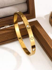 Set Gelang Wanita Stainless Steel Baru Berkualitas Tinggi dengan Hiasan Zirkonia Bunga, Cocok untuk Pemakaian Sehari-hari - Kuning Emas 14 - View 5