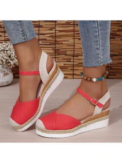 Sandalias Mujer de Cuña en Lona - Punta Cerrada Estilo Hada, Hebilla Tejida de Cáñamo, Suela Gruesa Antideslizante