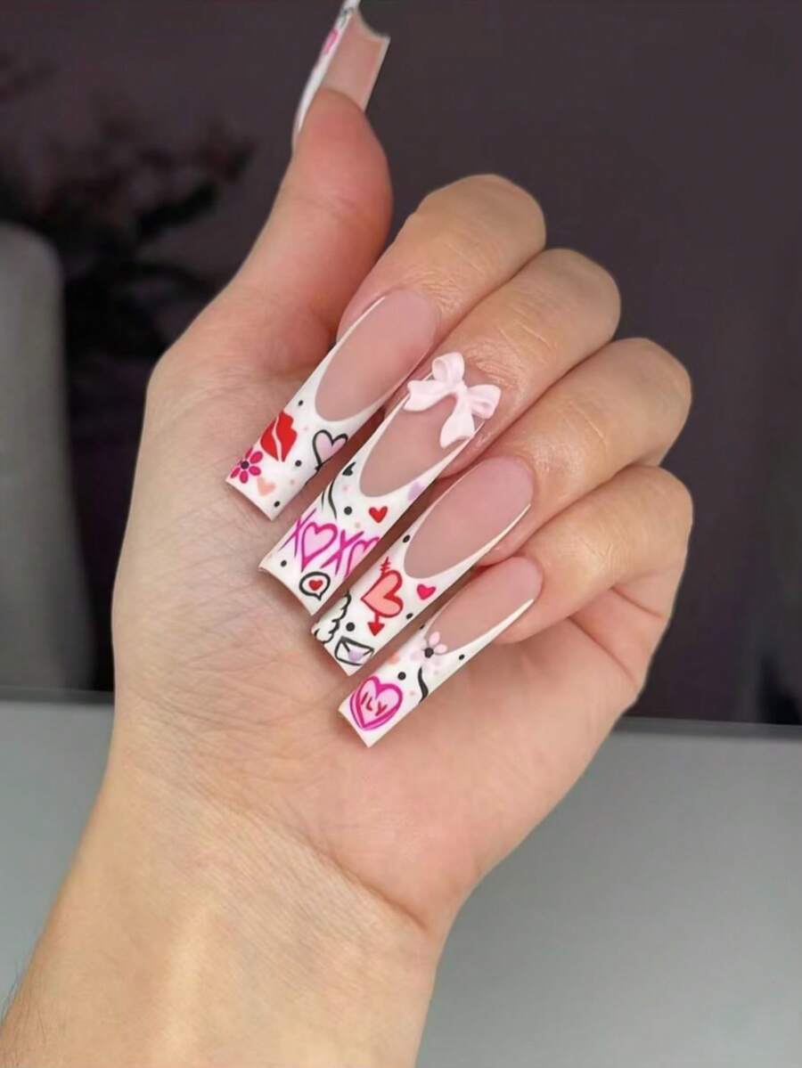 24片全新加长棺材形美甲贴片，法式时尚欧美美甲套装，含1个指甲锉和1片果冻凝胶指甲油，适合情人节、生日派对、约会、日常佩戴，提升您的时尚品味，也适用于学校和办公室美甲。 - 彩色 - 查看 1