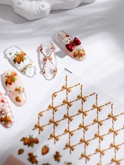 1 miếng dán móng tay họa tiết kẻ caro cổ điển, hình nơ và dâu tây, kiểu dáng 5D ngộ nghĩnh, dễ thương, tự dính, phụ kiện trang trí móng tay cho bé gái và phụ nữ.