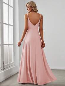 EVERPRETTY Elegant Sexy Solid Color Spaghetti Strap Slit Bridesmaid Dress, Pink, Spring/Summer Wedding Guest Dress, Holiday Vacation Dress - Pink - View 3