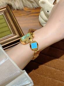 1pc Women's Gold Alloy Asymmetrical Bracelet Watch, Fashion Arabic Numeral Dial, Quartz Movement, Adjustable Strap, Suitable For Daily Decoration And Holiday Gifts - 藍色 - 查看 5