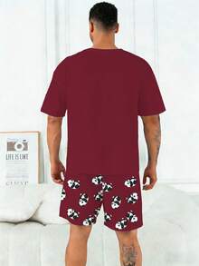 Ensemble pyjama grande taille pour hommes , Top à col rond et manches courtes, short décontracté à taille élastique, ensemble 2 pièces , Tissu en tricot de polyester, doux et respirant, coupe ample , Design décontracté mignon avec imprimé panda "Continuer à dormir" - Rouge foncé - Voir 6