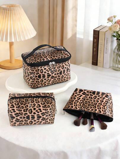 3pcs Leopard Print PU Large Capacity Multi-Functional Handheld Toiletry Bag, Travel Cosmetic Organizer Pouch, Portable Makeup Bag For School, Home, Touch-Up, Material, Great Gift For Women