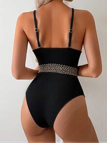 New One-Piece Black Strapless Deep V-Neck Backless Slim-Fit Conservative Sporty Casual Beach Vacation Swimsuit For Women - 黑色 - 查看 3