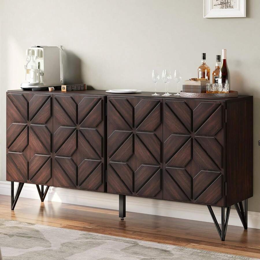 63 Inch Solid Acacia Wood Sideboard With Hand-Carved Geometric Doors – Dark Walnut Buffet Cabinet With Adjustable Shelves For Living Room & Kitchen - Dark Walnut - 查看 1