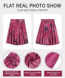 Plus Size Basic Versatile Stretchy Elastic Waist Flared Casual Mini Skater Skirt/Pleated Plaid Skirt For Women XL-5XL - A1-紅色紮染 - 查看 3