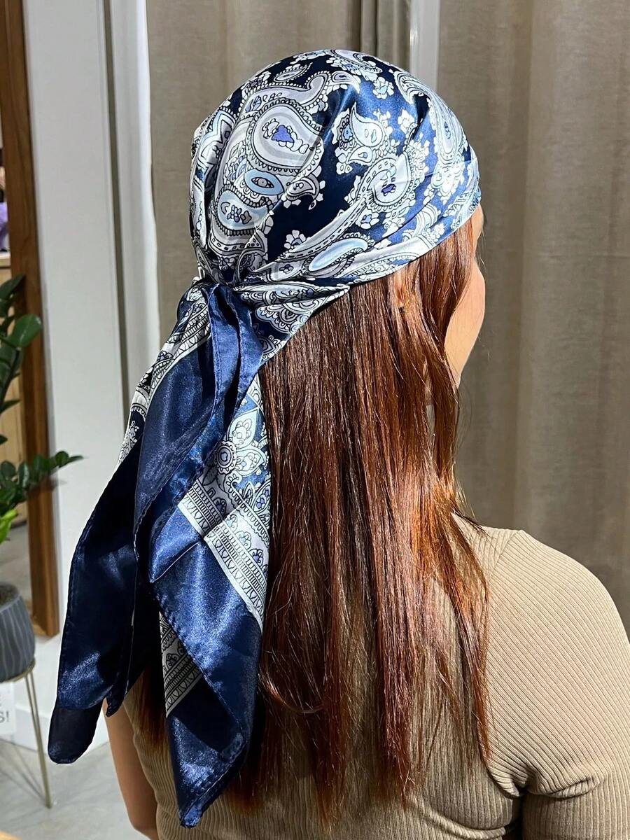 Women's Satin Scarf 90x90 Large Multipurpose Hairband - Màu xanh hải quân - Xem 1