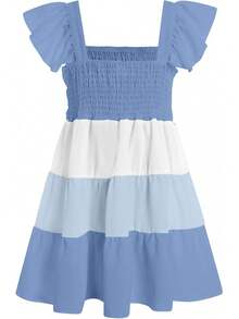 Square Neck Ruffle Sleeve Dress For Girls - Sweet A-Line Swing Dress For Tweens, Casual & Special Occasions - 白色藍色 - 查看 3