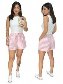 Striped Linen Shorts With Lined Pockets, Home, Beach, Night, Daily, Summer - Baby Pink - View 1