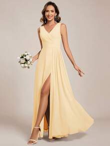 Elegante vestido de dama de honor de unicolor con cuello en V, fruncido, de largo hasta el suelo, con abertura alta, color amarillo, para boda de primavera - Amarillo - Ver 6