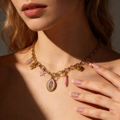 Stainless Steel Religious Charm Necklace, 18K Gold Plated With Pink Enamel Mary, Star, Heart & Tusk Charms, Y2K Jewelry For Women