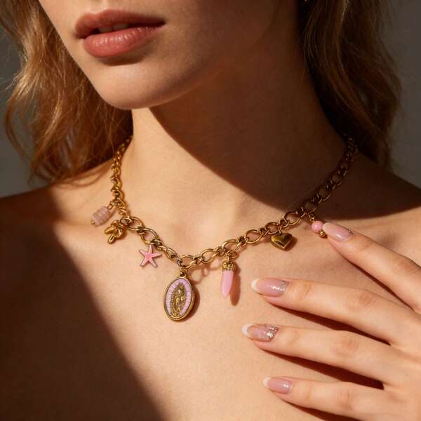 Stainless Steel Religious Charm Necklace, 18K Gold Plated With Pink Enamel Mary, Star, Heart & Tusk Charms, Y2K Jewelry For Women