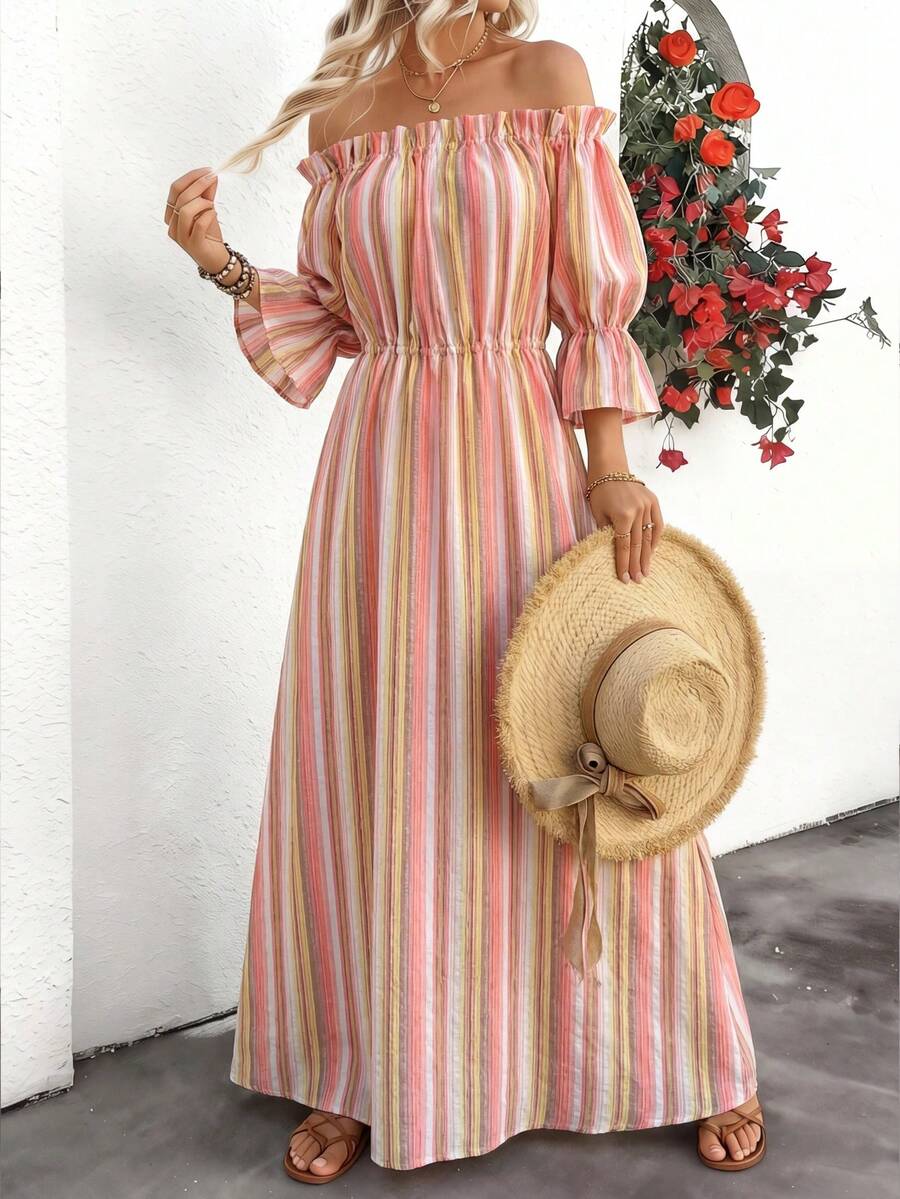 女士纯棉波西米亚风露肩度假连衣裙，饰有荷叶边和口袋——柔软舒适飘逸的条纹连衣裙，适合海滩、游轮、音乐节、情人节约会之夜等场合，是春夏季节的理想之选。 - 珊瑚橙 - 查看 1
