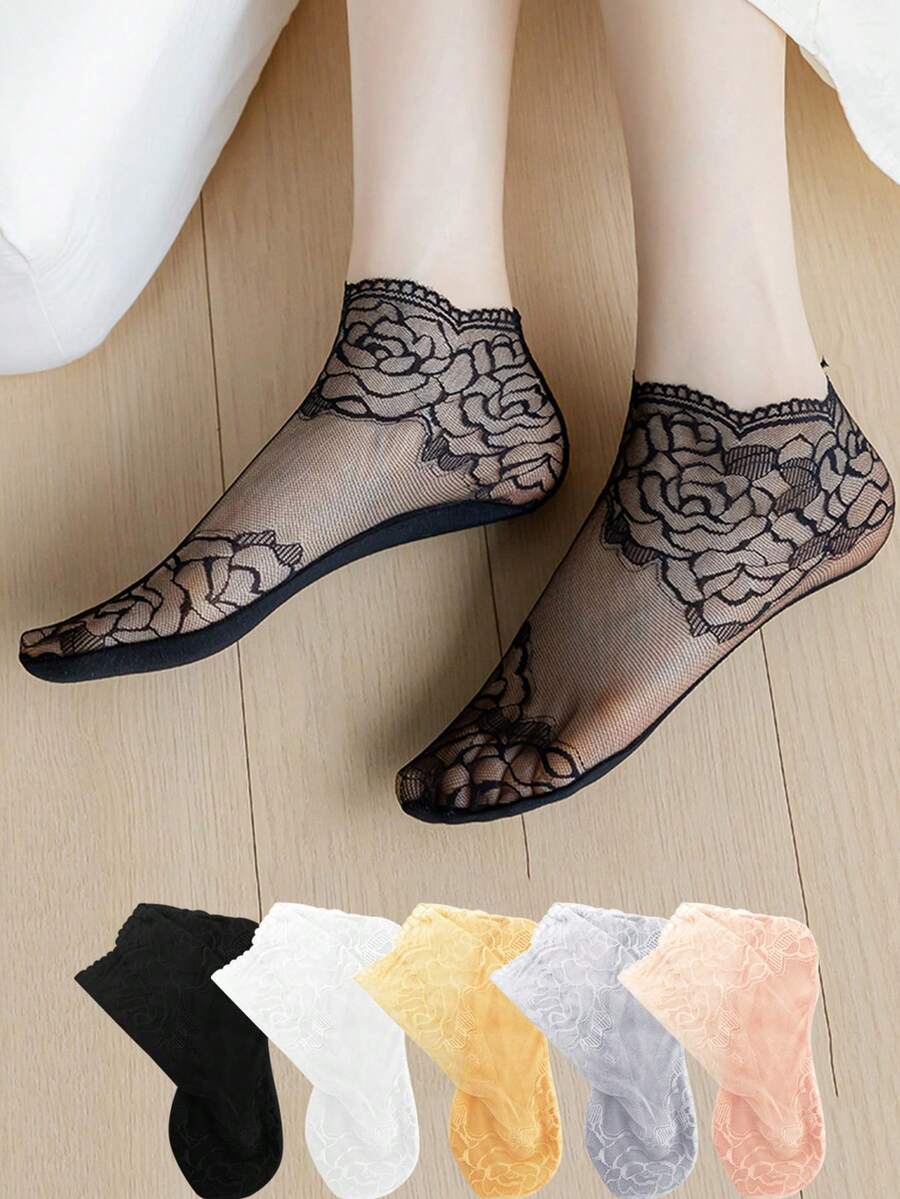 1/5/10 Pairs/Lot Lolita Women Invisible Lace Socks Thin Ladies Lace Boat Socks Hollow Non-Slip Shallow Transparent Of Spring And Summer Socks Women